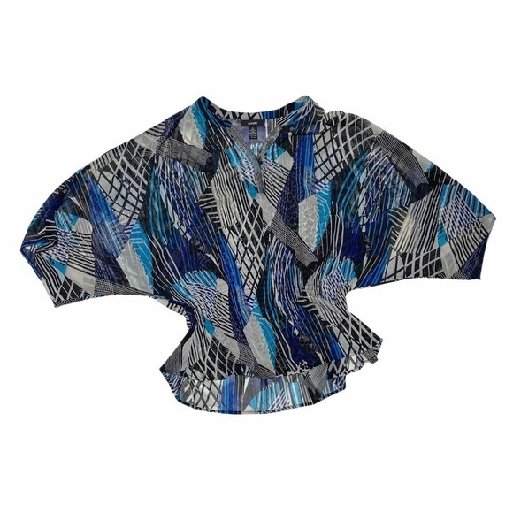 ALFANI Multi-Tone Blue Mixed Media Smocked Waist Poncho Kimono Blouse - Picture 5 of 10